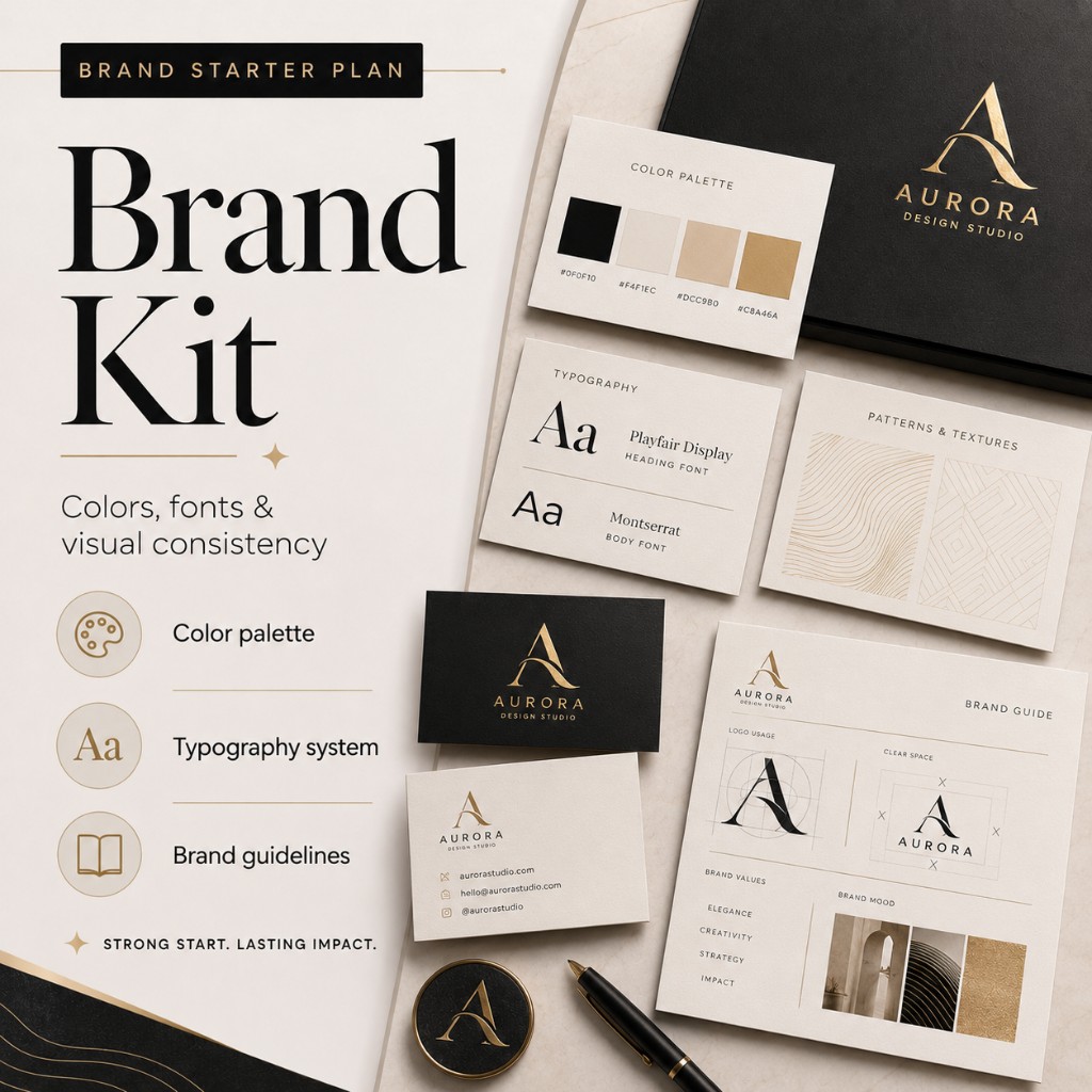 AI дизајн пример за brand kit со палета, типографија и brand guide